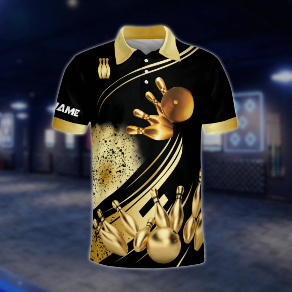 Custom Team Black And Gold Bowling Polo Shirt For Men, Custom Bowling Shirts BE0023