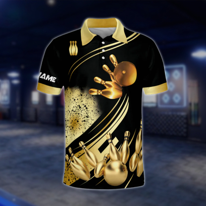 Custom Team Black And Gold Bowling Polo Shirt For Men, Custom Bowling Shirts BE0023