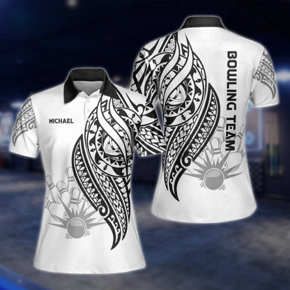 Custom Tribal Women's Black And White Bowling Polo Shirt, Custom Tribal Bowling Team Shirts For Ladies BW0120
