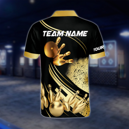 Custom Team Black And Gold Bowling Polo Shirt For Men, Custom Bowling Shirts BE0023
