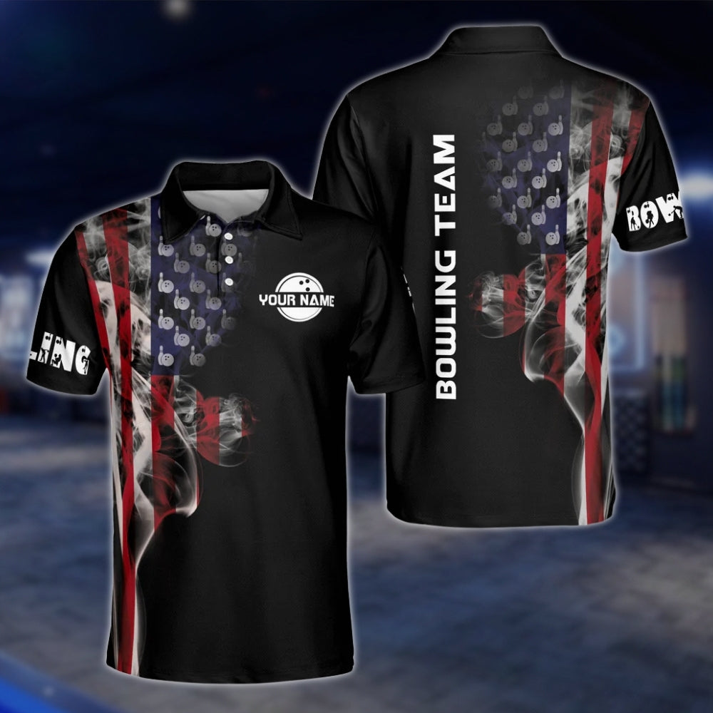 Custom American Flag Smoke Bowling Polo Shirt, Custom Patriotic Bowling Team Shirts BM0319