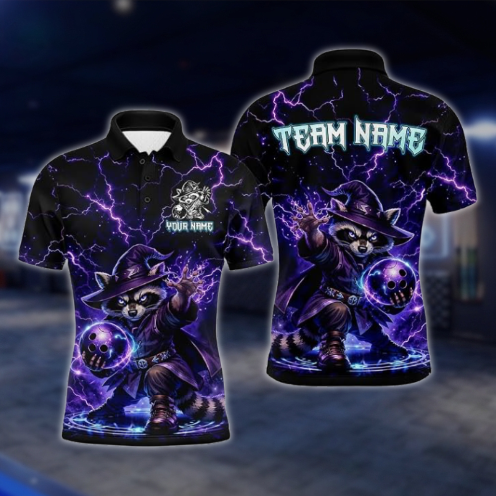 Personalized Raccoon Wizard Thunder Bowling Polo Shirt Men, Custom Raccoon Bowling Team Shirt BZ0939