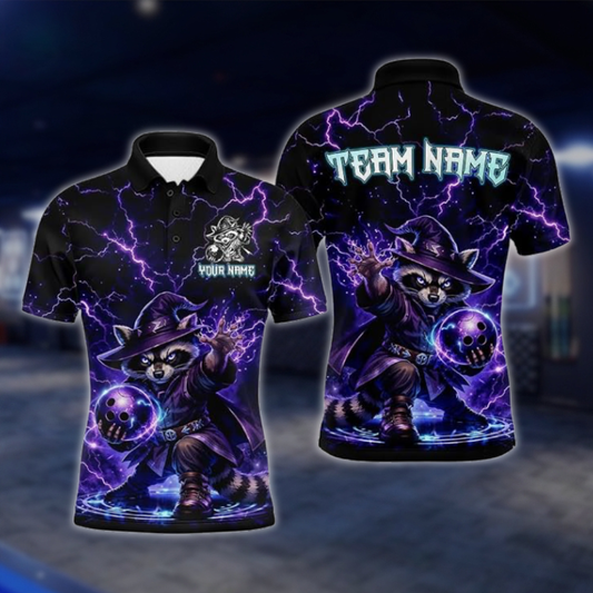Personalized Raccoon Wizard Thunder Bowling Polo Shirt Men, Custom Raccoon Bowling Team Shirt BZ0939