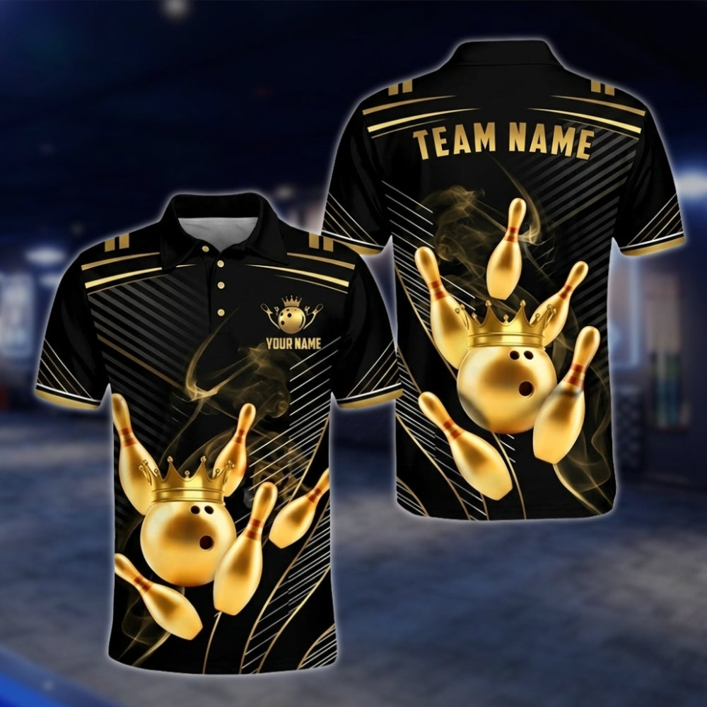 Golden Pins And Ball Custom Team Bowling Polo Shirt For Men, Custom Black Gold Bowling Team Shirts BA0007