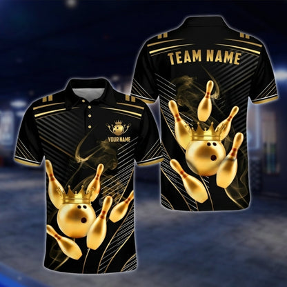 Golden Pins And Ball Custom Team Bowling Polo Shirt For Men, Custom Black Gold Bowling Team Shirts BA0007