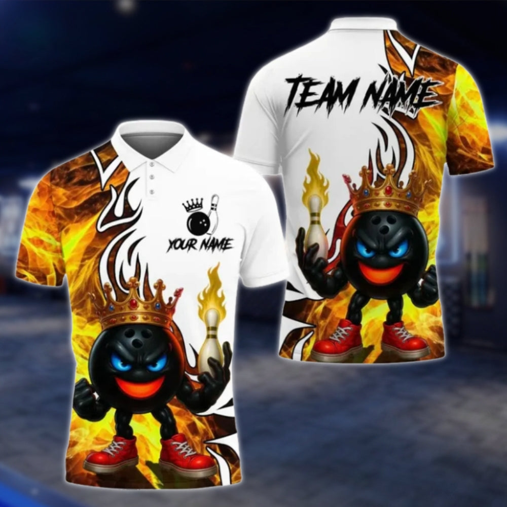 King Balll Fire Custom Mens Bowling Polo Shirt, Custom Flame Bowling Team Shirts BE0128