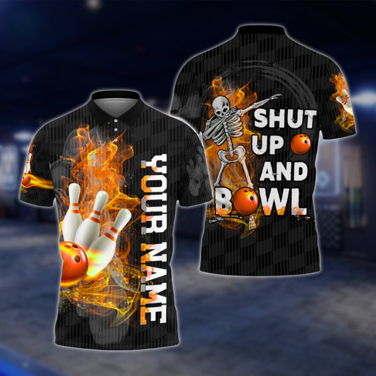 Shut Up And Bowl Personalized Skeleton Bowling Polo Shirt For Men, Custom Skull Fun Bowling Shirt BZ0770
