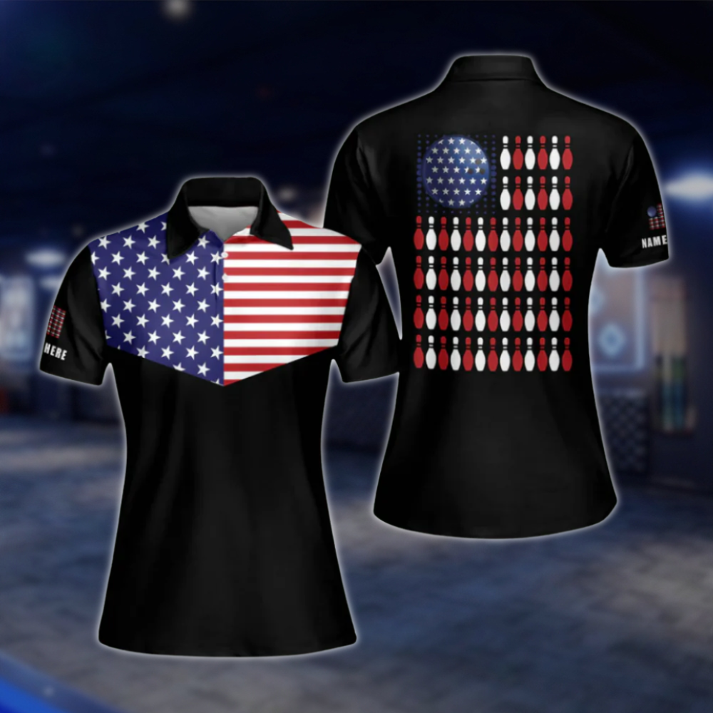 American Flag Custom Womens Bowling Polo Shirts, Custom Patriotic Bowling Shirts Ladies BW0151