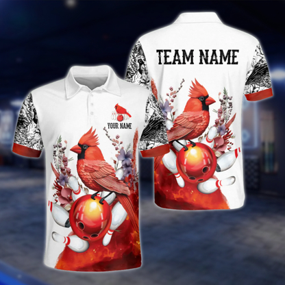 Custom Cardinal Bird Bowling Polo Shirt For Men, Red White Custom Cardinal Bowling Team Shirts BO0361
