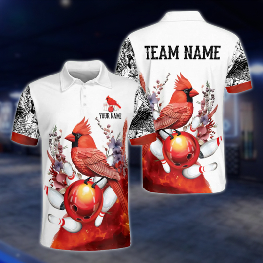 Custom Cardinal Bird Bowling Polo Shirt For Men, Red White Custom Cardinal Bowling Team Shirts BO0361