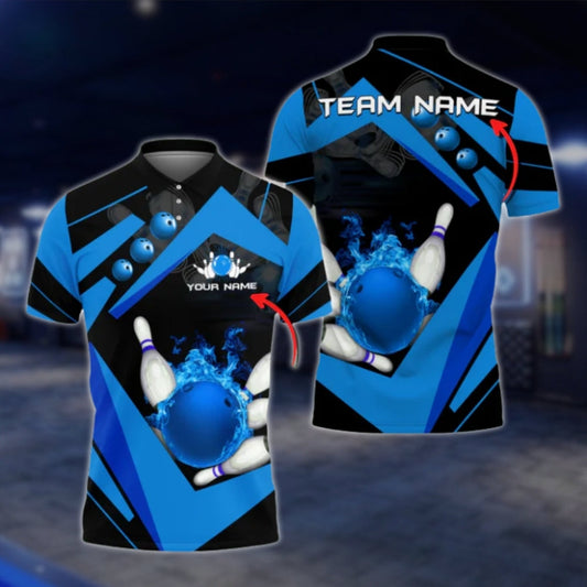 Custom Team Flame Ball Bowling Polo Shirt For Mens, Blue Black Custom Bowling Team Shirts BO0375