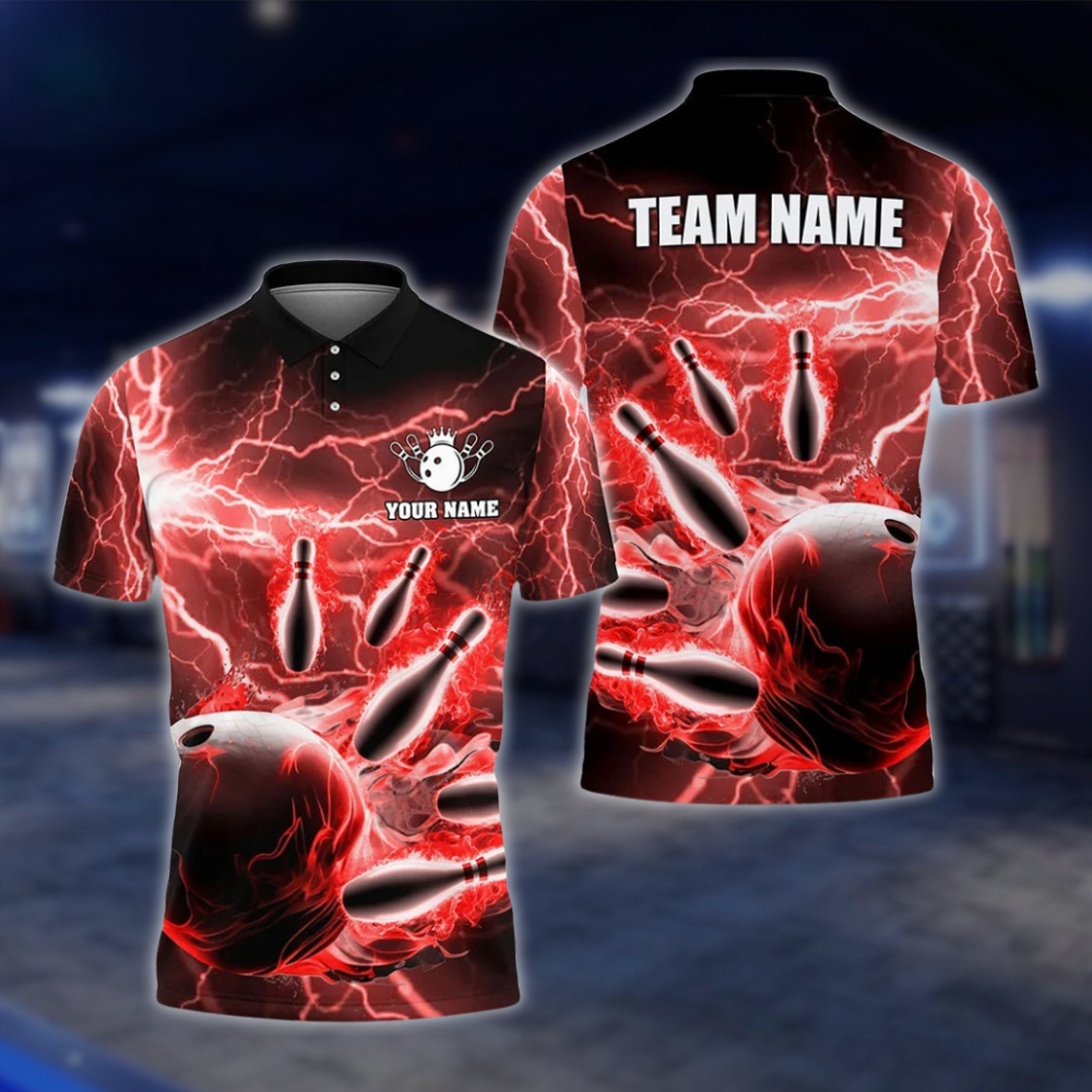 Personalized Thunder Lightning Red And BlackBowling Polo Shirt For Men, Custom Thunder Team Bowling Shirts BZ0739