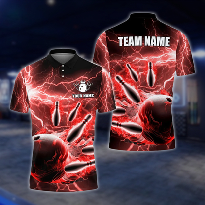 Personalized Thunder Lightning Red And BlackBowling Polo Shirt For Men, Custom Thunder Team Bowling Shirts BZ0739