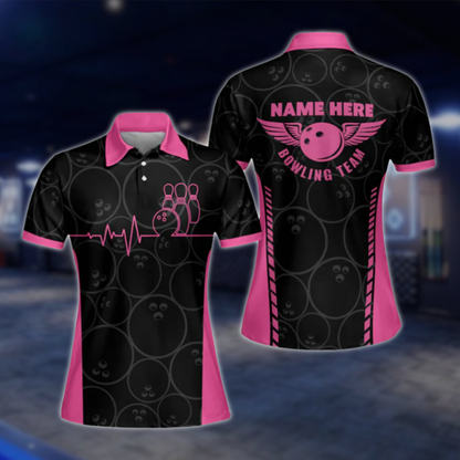 Custom Women's Black And Pink Polo Bowling Team Shirts, Custom Team Bowling Shirt Womens BW0057