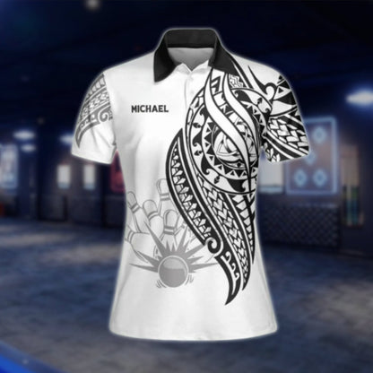 Custom Tribal Women's Black And White Bowling Polo Shirt, Custom Tribal Bowling Team Shirts For Ladies BW0120
