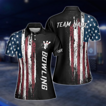 Custom American Flag Womens Bowling Polo Shirt, Custom Patriotic Bowling Team Shirts BE0048