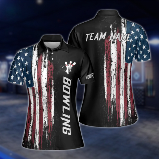 Custom American Flag Womens Bowling Polo Shirt, Custom Patriotic Bowling Team Shirts BE0048