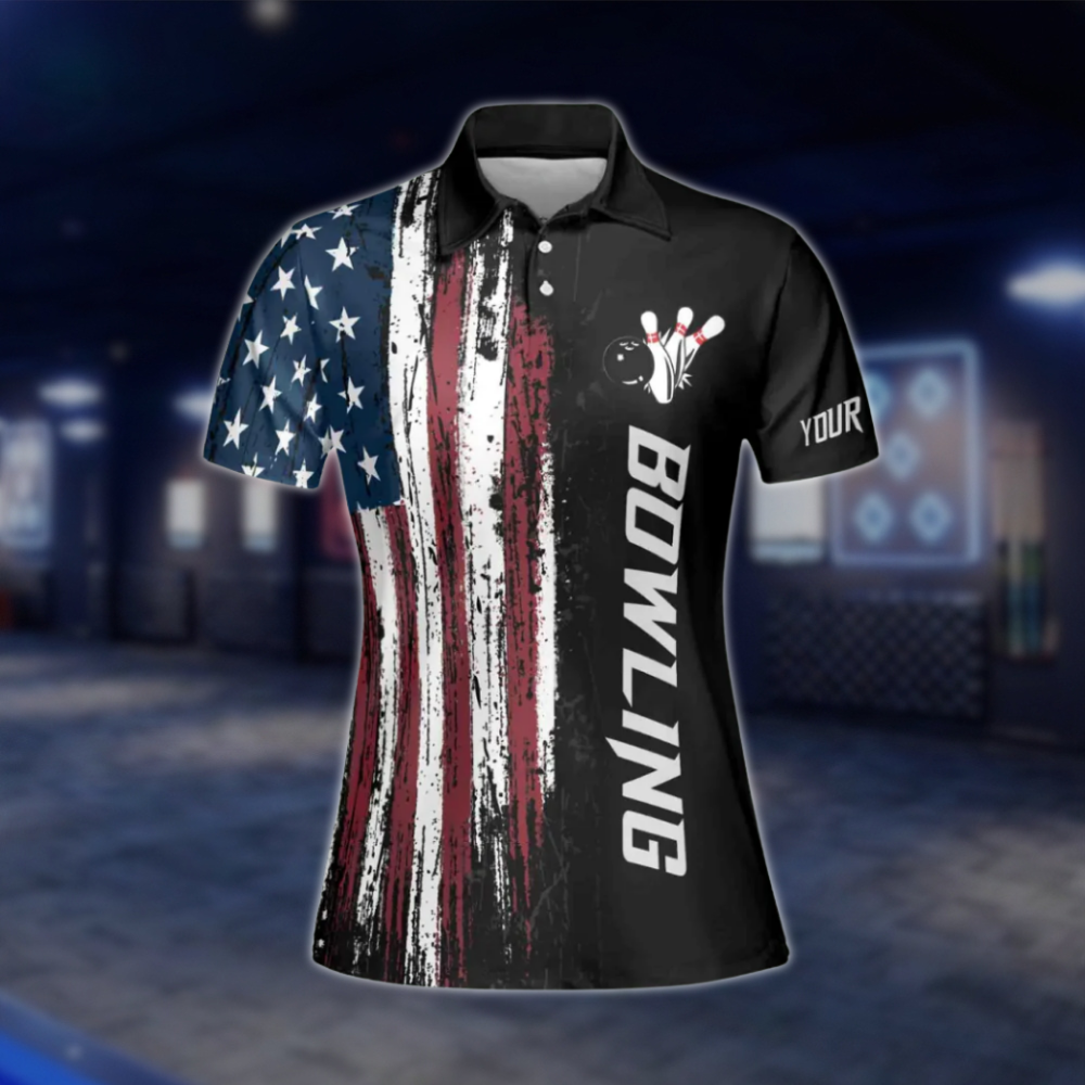 Custom American Flag Womens Bowling Polo Shirt, Custom Patriotic Bowling Team Shirts BE0048