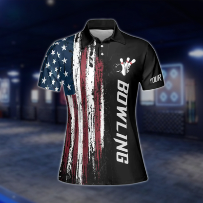 Custom American Flag Womens Bowling Polo Shirt, Custom Patriotic Bowling Team Shirts BE0048