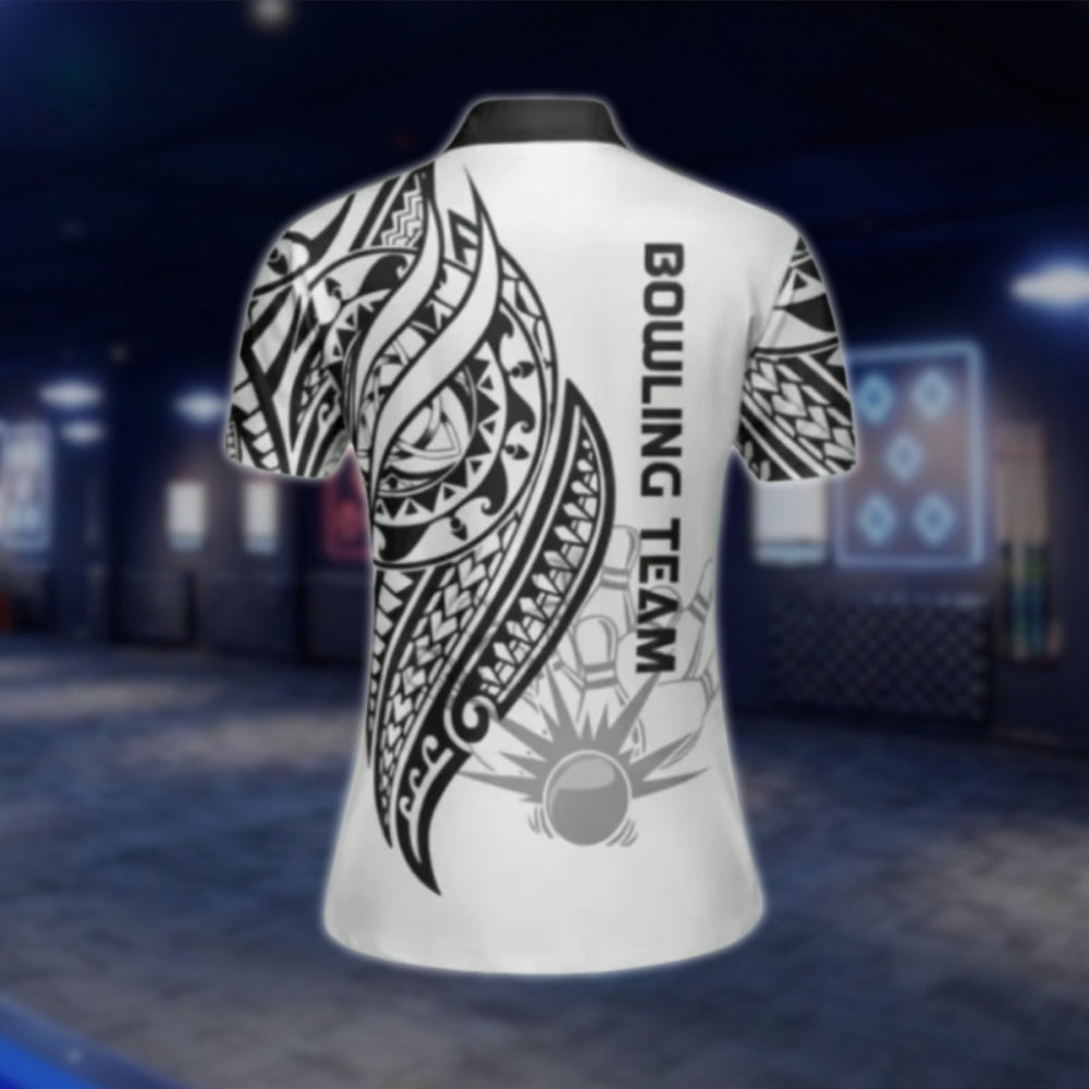 Custom Tribal Women's Black And White Bowling Polo Shirt, Custom Tribal Bowling Team Shirts For Ladies BW0120