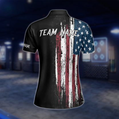 Custom American Flag Womens Bowling Polo Shirt, Custom Patriotic Bowling Team Shirts BE0048