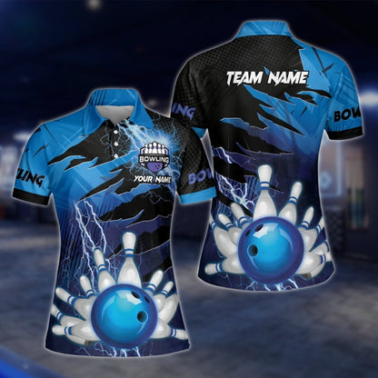 Custom Womens Thunder Blue Bowling Polo Shirt, Custom Thunder Team Bowling Shirts For Ladies BW0119