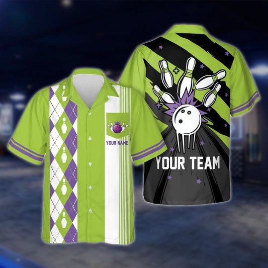 Custom Argyle Lime Black Retro Bowling Hawaiian Shirt For Men Women, Custom Retro Bowling Team Shirts BE0069