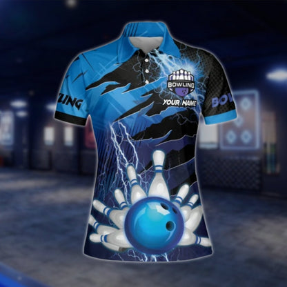 Custom Womens Thunder Blue Bowling Polo Shirt, Custom Thunder Team Bowling Shirts For Ladies BW0119