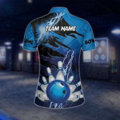 Custom Womens Thunder Blue Bowling Polo Shirt, Custom Thunder Team Bowling Shirts For Ladies BW0119