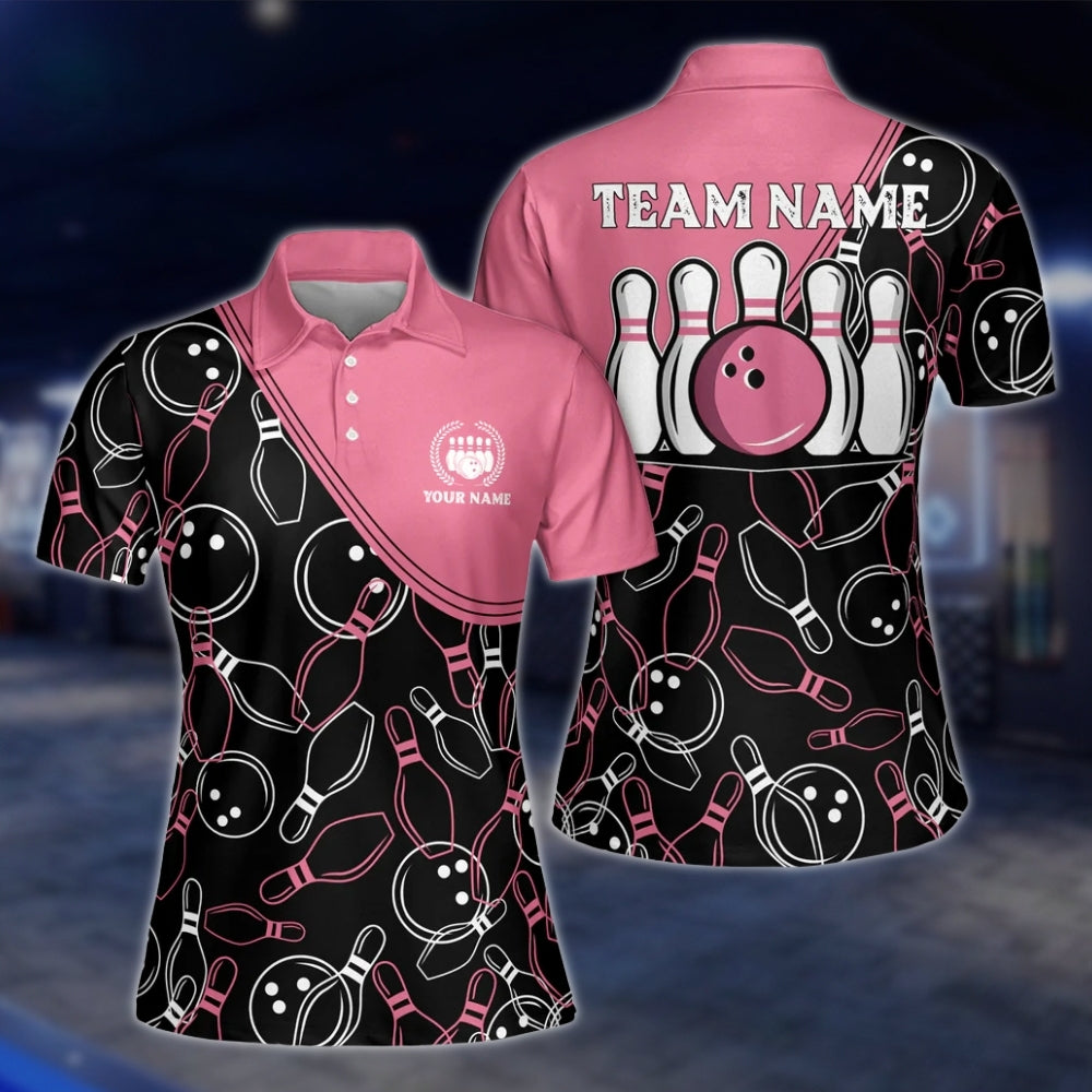 Custom Black Pink Bowling Pattern Womens Polo Shirt, Custom Team Bowling Shirts For Ladies BE0001