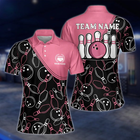 Custom Black Pink Bowling Pattern Womens Polo Shirt, Custom Team Bowling Shirts For Ladies BE0001