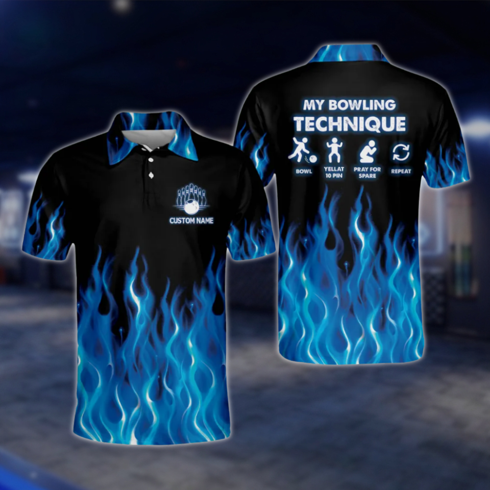 Custom My Bowling Technique Blue Flame Bowling Mens Polo Shirt, Custom Funny Flame Bowling Shirts BM0019