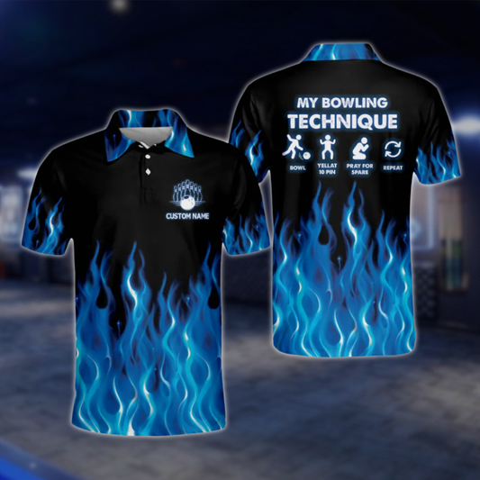 Custom My Bowling Technique Blue Flame Bowling Mens Polo Shirt, Custom Funny Flame Bowling Shirts BM0019