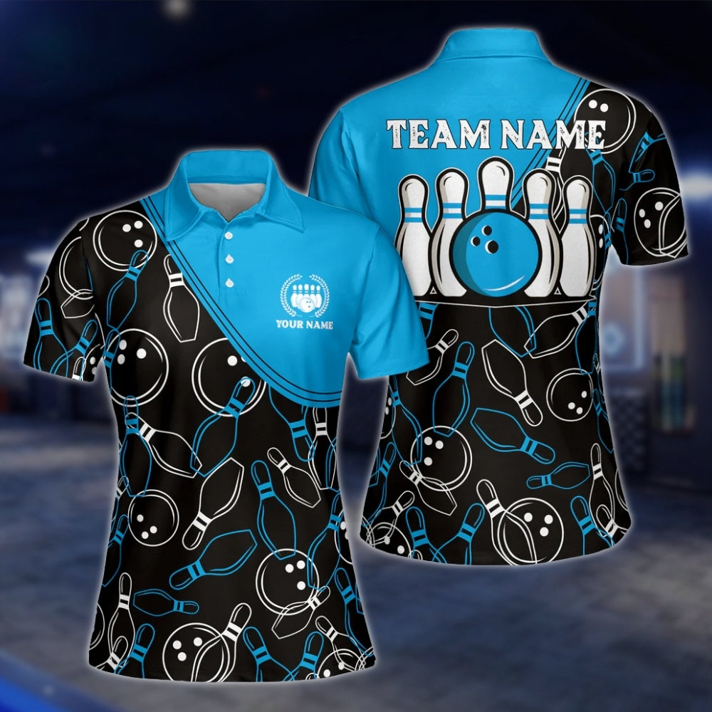 Custom Black Pink Bowling Pattern Womens Polo Shirt, Custom Team Bowling Shirts For Ladies BE0001