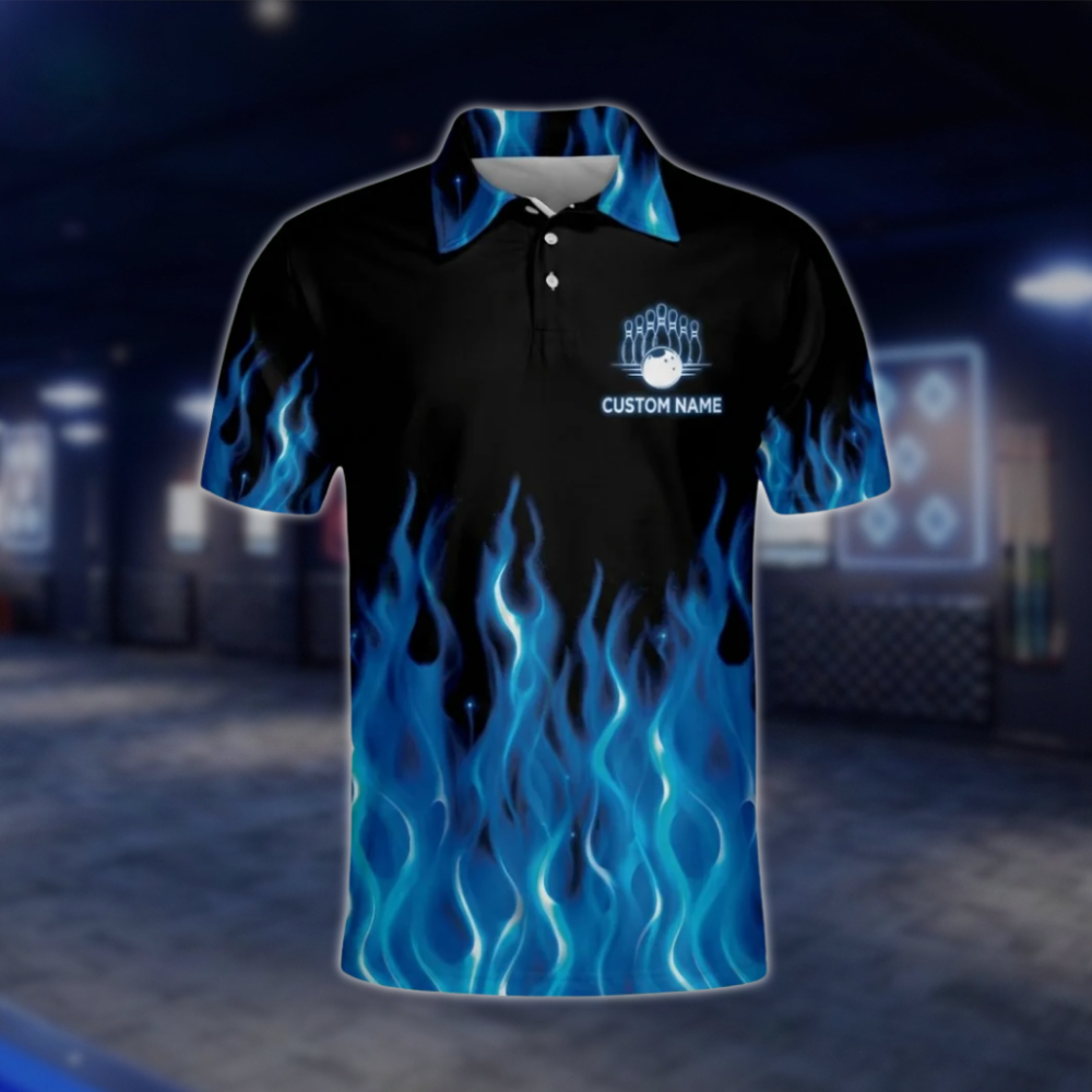 Custom My Bowling Technique Blue Flame Bowling Mens Polo Shirt, Custom Funny Flame Bowling Shirts BM0019