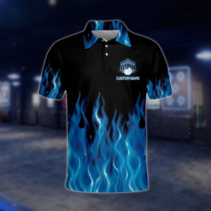 Custom My Bowling Technique Blue Flame Bowling Mens Polo Shirt, Custom Funny Flame Bowling Shirts BM0019