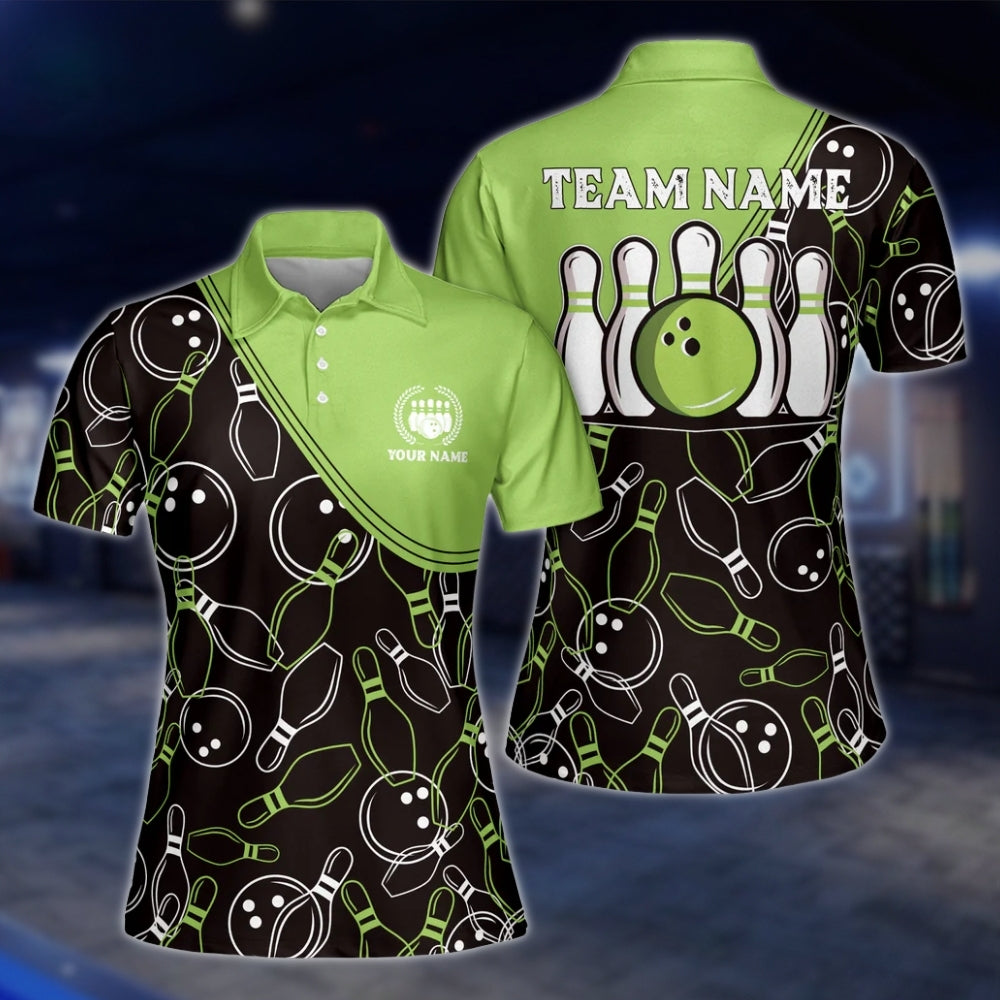 Custom Black Pink Bowling Pattern Womens Polo Shirt, Custom Team Bowling Shirts For Ladies BE0001