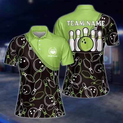 Custom Black Pink Bowling Pattern Womens Polo Shirt, Custom Team Bowling Shirts For Ladies BE0001