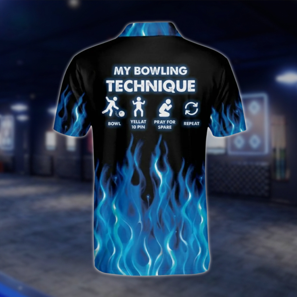 Custom My Bowling Technique Blue Flame Bowling Mens Polo Shirt, Custom Funny Flame Bowling Shirts BM0019