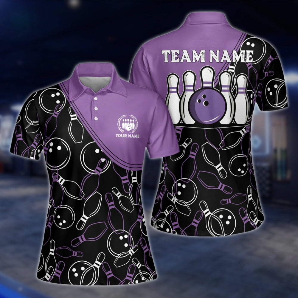 Custom Black Pink Bowling Pattern Womens Polo Shirt, Custom Team Bowling Shirts For Ladies BE0001