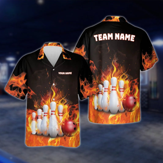 Fire Ball And Pins Custom Men And Women Bowling Hawaiian Shirt, Custom Flame Bowling Team Shirts BZ0184