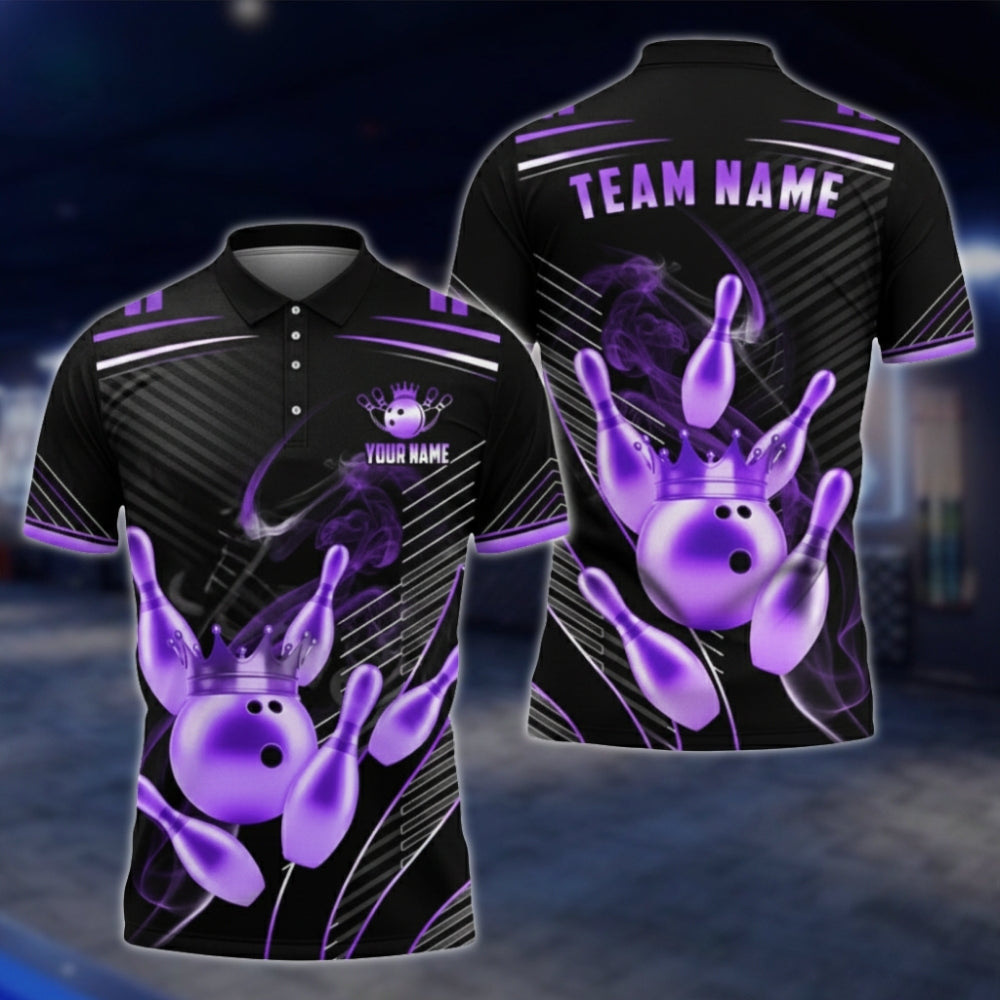 Golden Pins And Ball Custom Team Bowling Polo Shirt For Men, Custom Black Gold Bowling Team Shirts BA0007