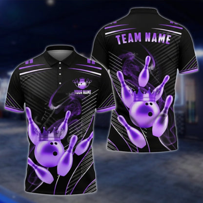 Golden Pins And Ball Custom Team Bowling Polo Shirt For Men, Custom Black Gold Bowling Team Shirts BA0007