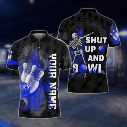 Shut Up And Bowl Personalized Skeleton Bowling Polo Shirt For Men, Custom Skull Fun Bowling Shirt BZ0770