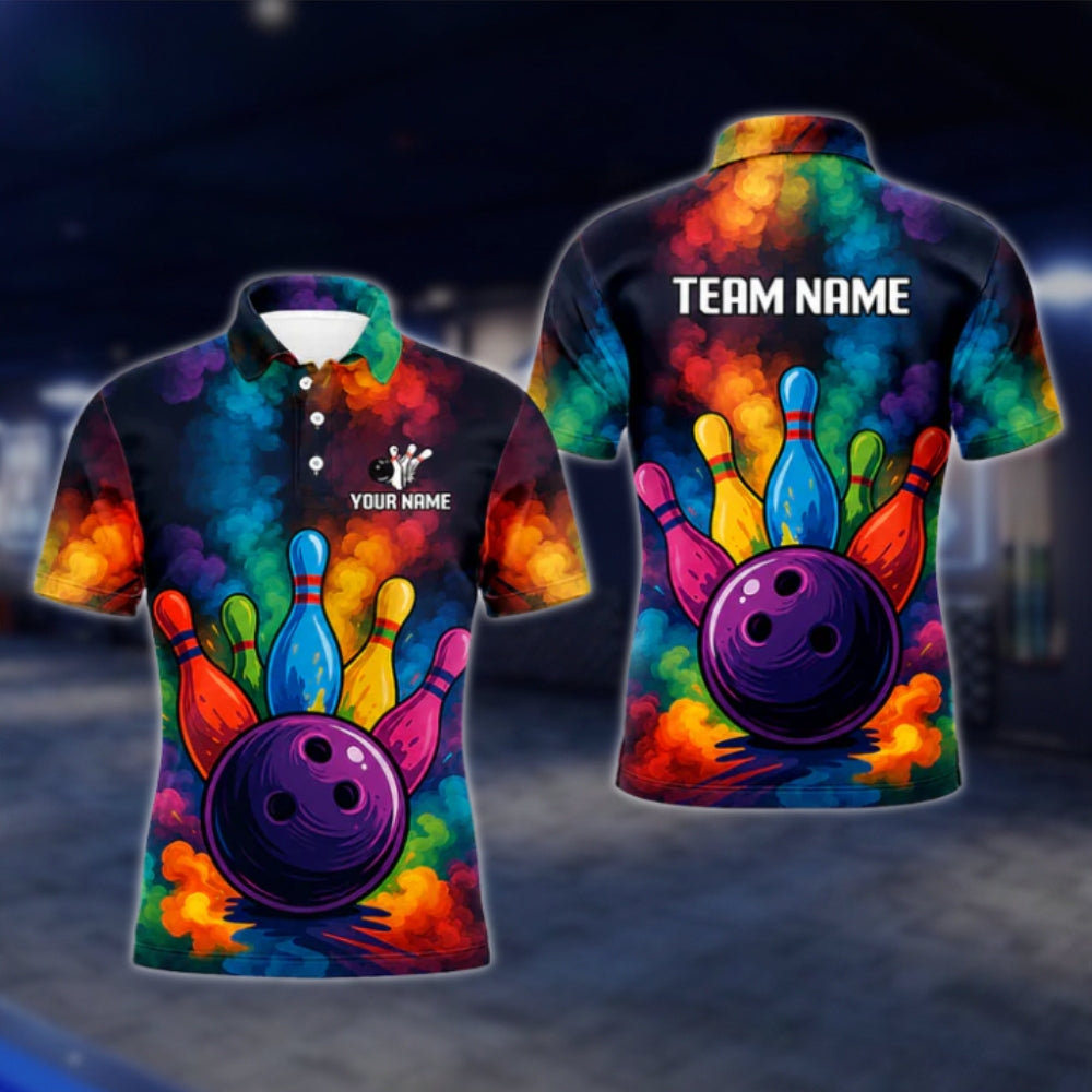 Colorful Smoke Painted Custom Bowling Polo Shirt, Custom Team Bowling Shirts Multicolor BZ0448