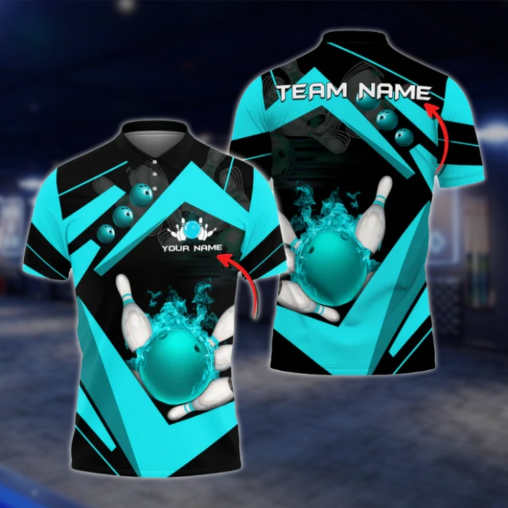 Custom Team Flame Ball Bowling Polo Shirt For Mens, Blue Black Custom Bowling Team Shirts BO0375
