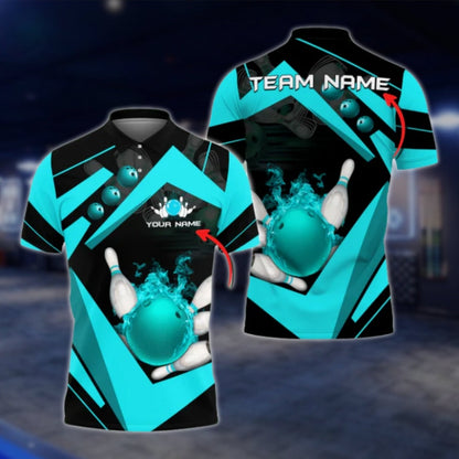 Custom Team Flame Ball Bowling Polo Shirt For Mens, Blue Black Custom Bowling Team Shirts BO0375