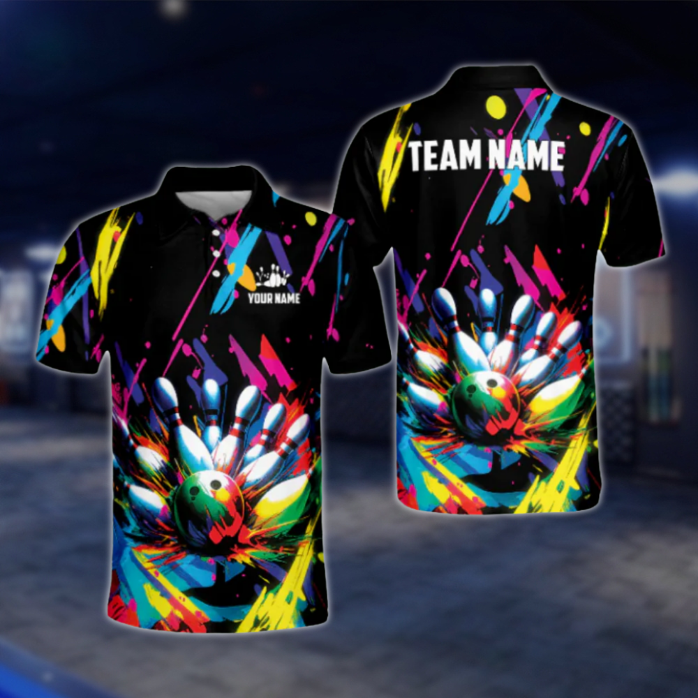 Customized Graffiti Colorful Polo Bowling Team Shirts For Men, Custom Team Bowling Shirts BL0004