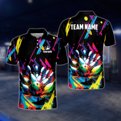 Customized Graffiti Colorful Polo Bowling Team Shirts For Men, Custom Team Bowling Shirts BL0004