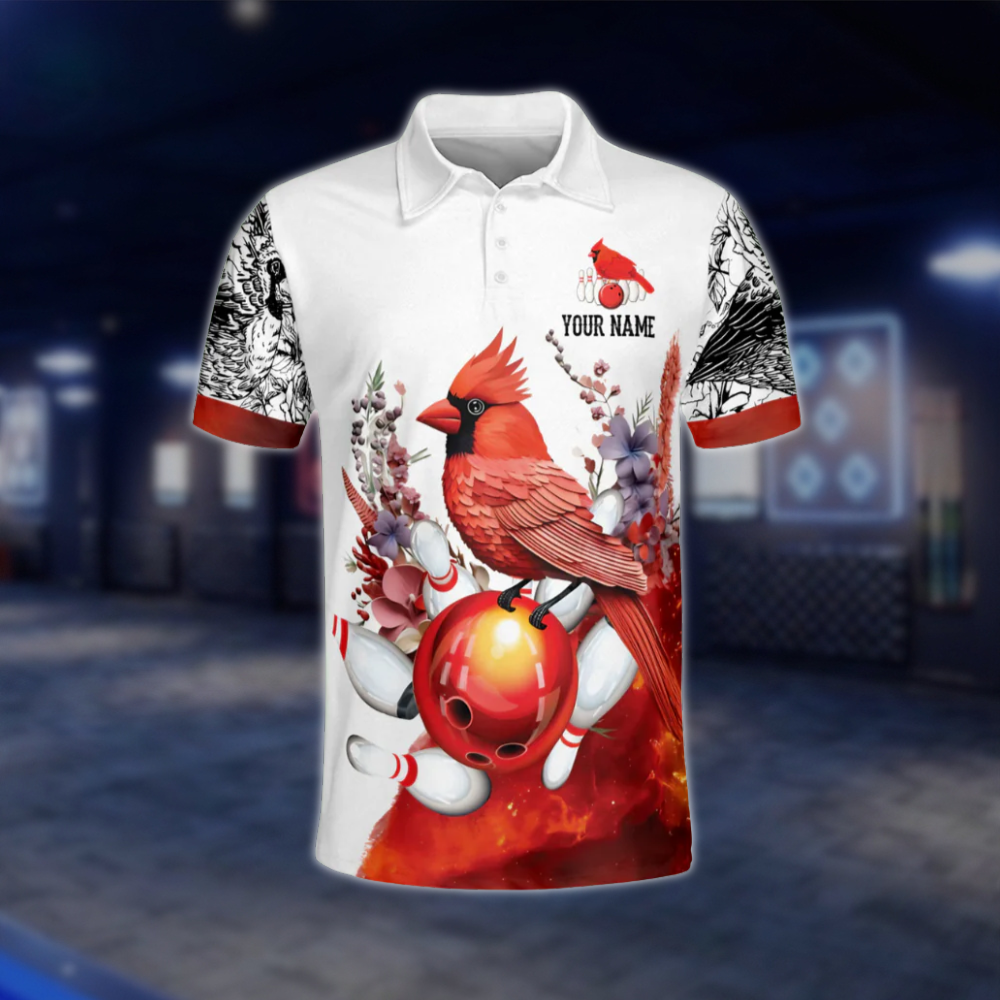 Custom Cardinal Bird Bowling Polo Shirt For Men, Red White Custom Cardinal Bowling Team Shirts BO0361